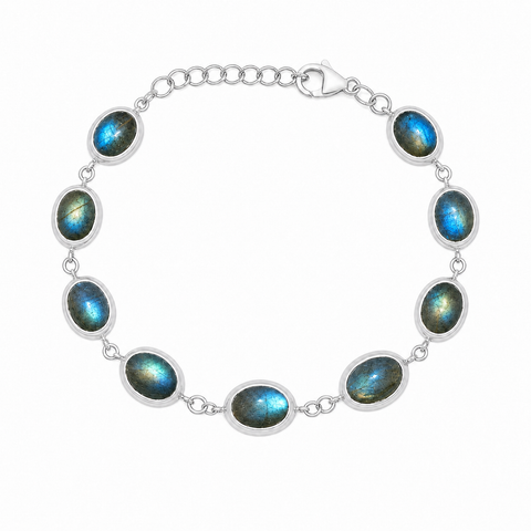 Zilveren armband met ovaal in kap gezette edelsteen - 925 zilver - 8 x 6 mm · Labradoriet