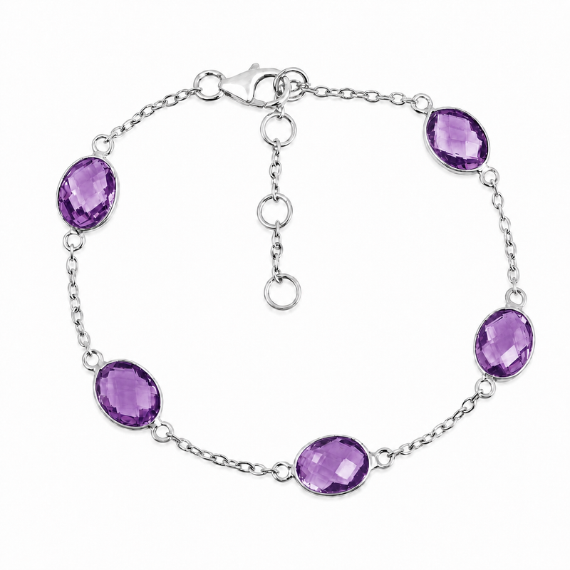 Zilveren armband met ovaal gefacetteerd in kap gezette edelsteen - 925 zilver · Amethist · productfoto · steen:amethist