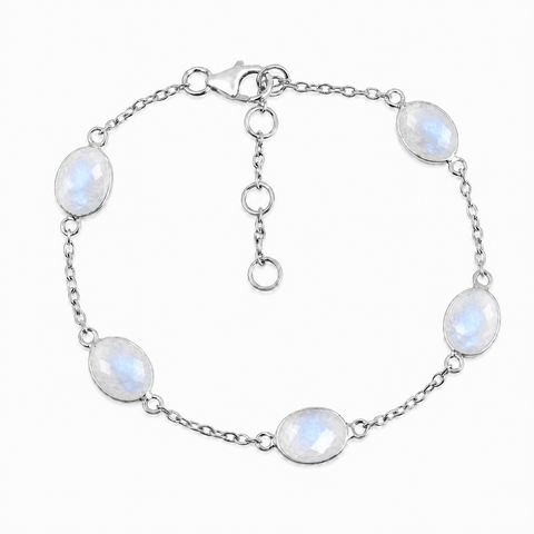 Zilveren armband met ovaal gefacetteerd in kap gezette edelsteen - 925 zilver · Regenboog Maansteen