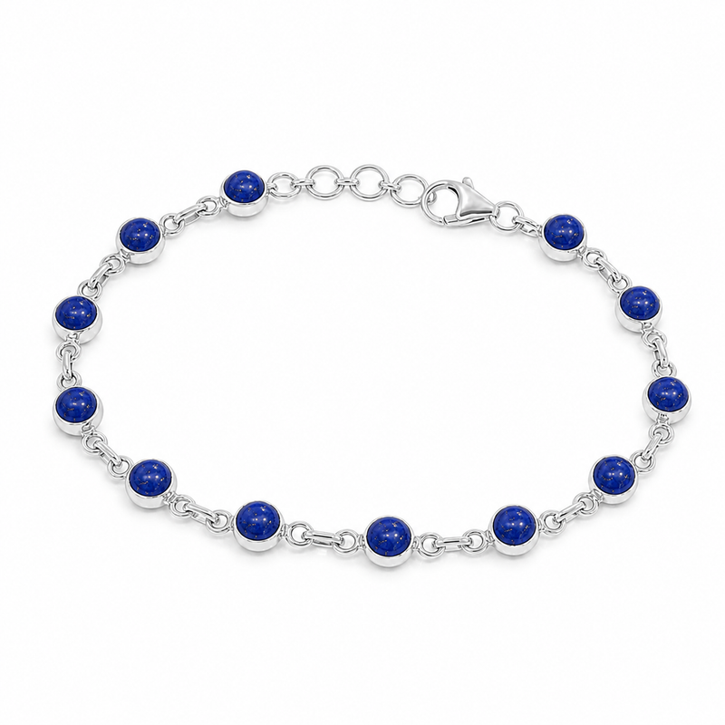 Zilveren armband met rond geslepen in kap gezette edelsteen - 925 zilver - 5 mm · Lapis Lazuli · detail · steen:lapis-lazuli