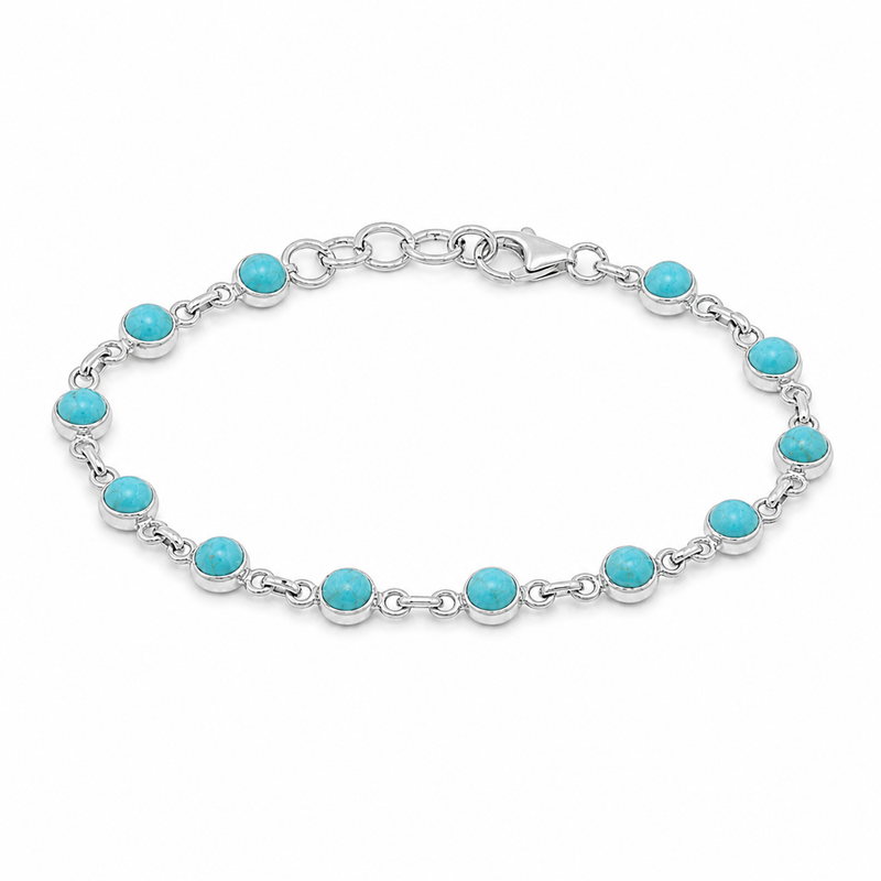 Zilveren armband met rond geslepen in kap gezette edelsteen - 925 zilver - 5 mm · Turkoois · detail · steen:turkoois