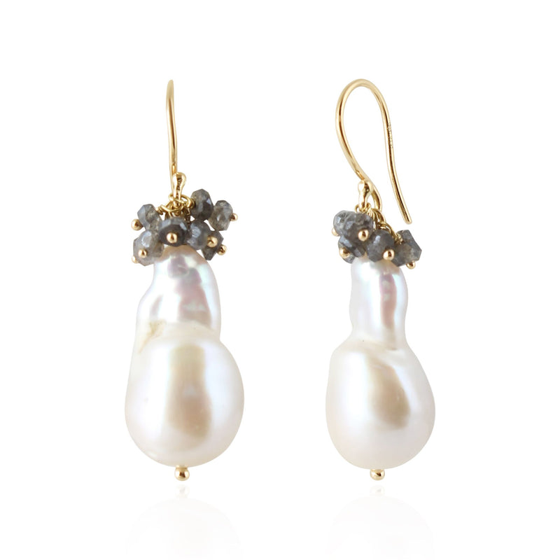 Gouden oorhangers met edelstenen en zoetwater parel - 14 karaat - 18 x 12 mm