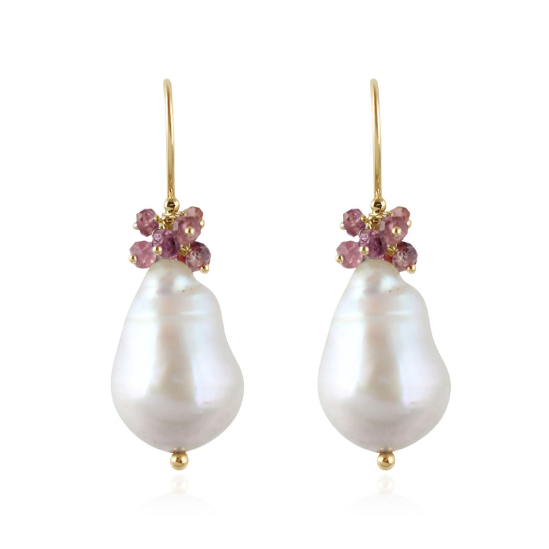 Gouden oorhangers met edelstenen en zoetwater parel - 14 karaat - 18 x 12 mm