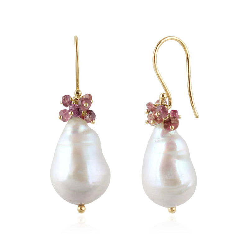 Gouden oorhangers met edelstenen en zoetwater parel - 14 karaat - 18 x 12 mm