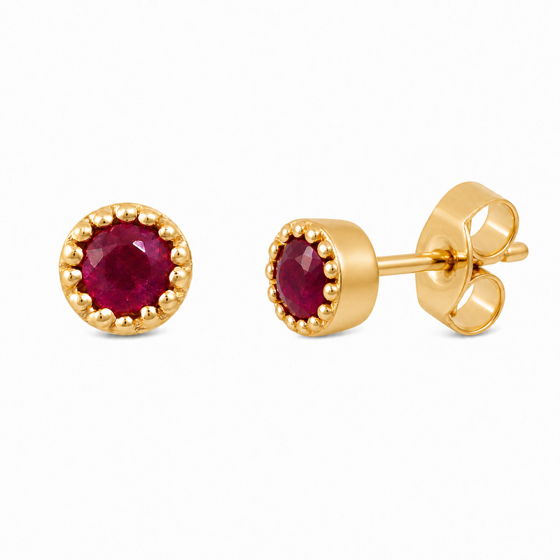 Oorstekers met rond met parelrand gezette edelsteen, gefacetteerd - goldplated zilver - 3 mm · Robijn · productfoto · steen:robijn