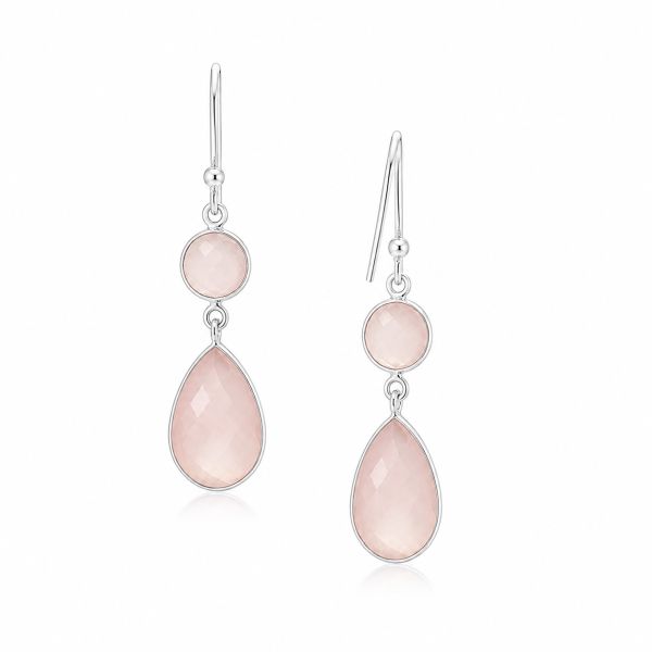 Zilveren oorhangers met facet gezette edelsteen - 925 zilver - 40 x 11 mm · Rozenkwarts · productfoto · steen:rozenkwarts