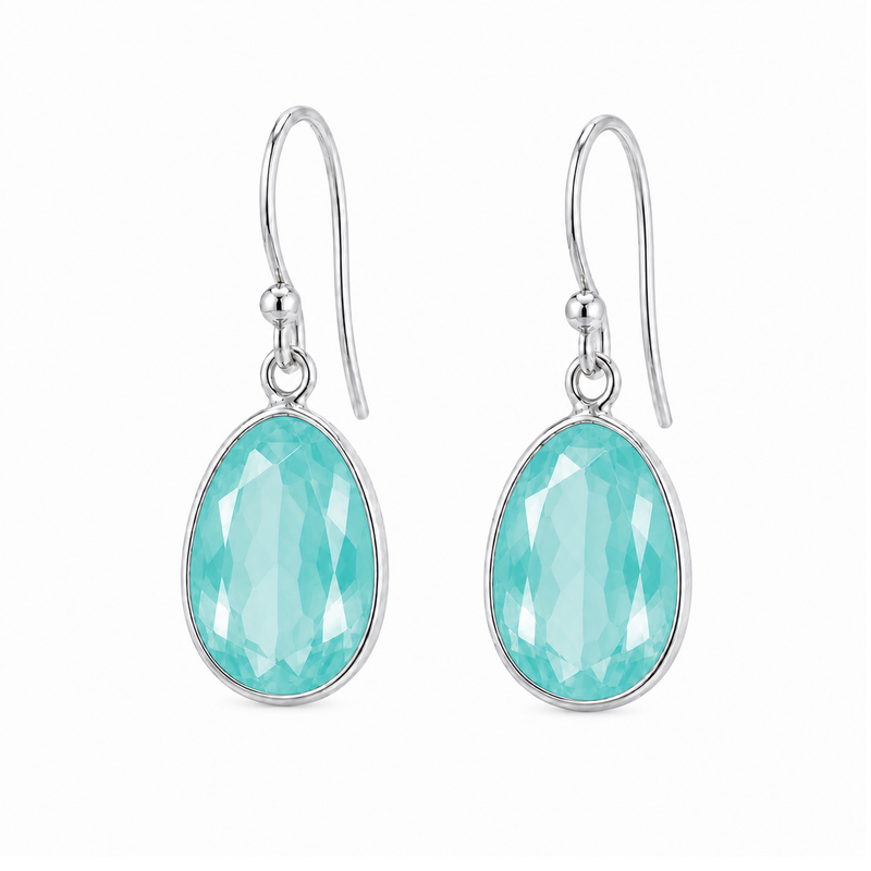 Zilveren oorhangers met druppelvormig gefacetteerd in kap gezette edelsteen - 925 zilver - 30 x 14 mm · Chalcedoon · productfoto · steen:chalcedoon
