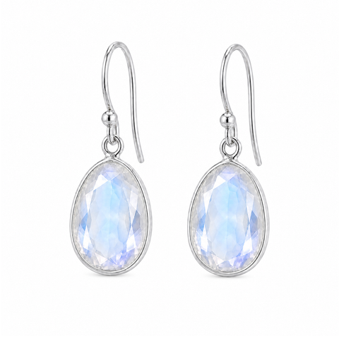 Zilveren oorhangers met druppelvormig gefacetteerd in kap gezette edelsteen - 925 zilver - 30 x 14 mm · Regenboog Maansteen