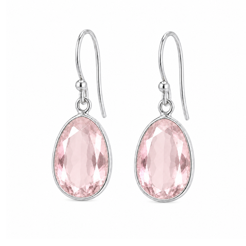 Zilveren oorhangers met druppelvormig gefacetteerd in kap gezette edelsteen - 925 zilver - 30 x 14 mm · Rozenkwarts