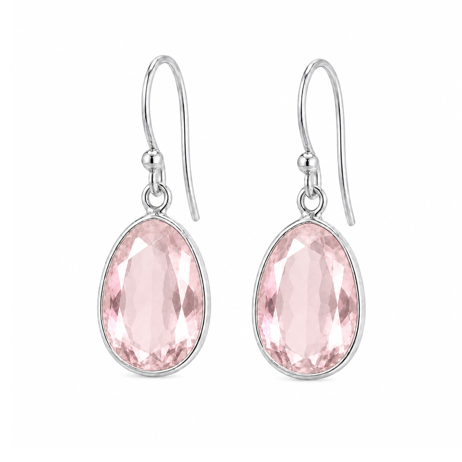 Zilveren oorhangers met druppelvormig gefacetteerd in kap gezette edelsteen - 925 zilver - 30 x 14 mm · Rozenkwarts · productfoto · steen:rozenkwarts
