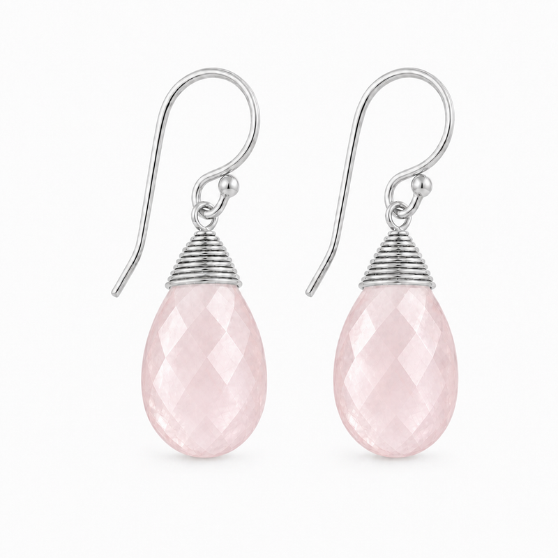 Zilveren oorhangers met druppelvormig in kap gezette edelsteen, gefacetteerd - 925 zilver - 14 x 10 mm · Rozenkwarts · productfoto · steen:rozenkwarts