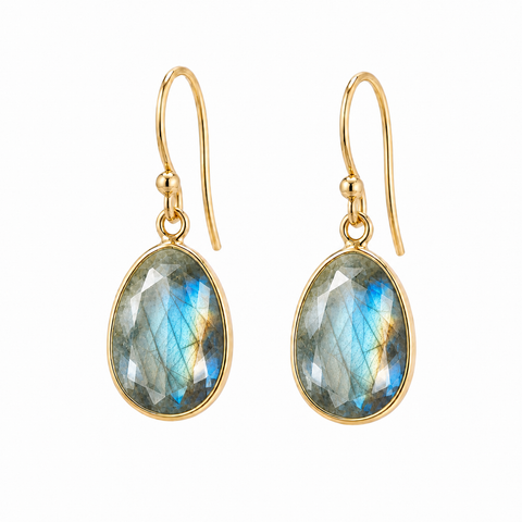 Oorhangers met edelsteen, ruw - goldplated zilver - 30 x 14 mm · Labradoriet