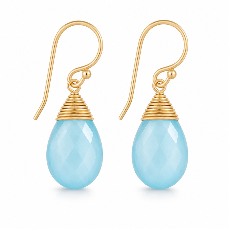 Oorhangers met edelsteen, gefacetteerd - goldplated zilver - 30 x 14 mm · Chalcedoon · detail · steen:chalcedoon