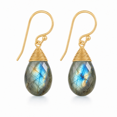 Oorhangers met edelsteen, gefacetteerd - goldplated zilver - 30 x 14 mm · Labradoriet