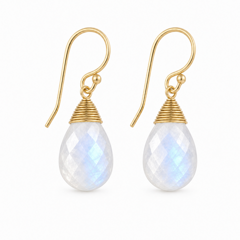 Oorhangers met edelsteen, gefacetteerd - goldplated zilver - 30 x 14 mm · Regenboog Maansteen