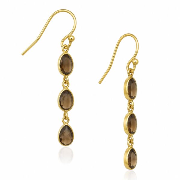 Goldplated oorhangers met ovale gefacetteerde edelstenen - 925 zilver verguld - 45 x 7 mm · Rookkwarts · productfoto · steen:rookkwarts