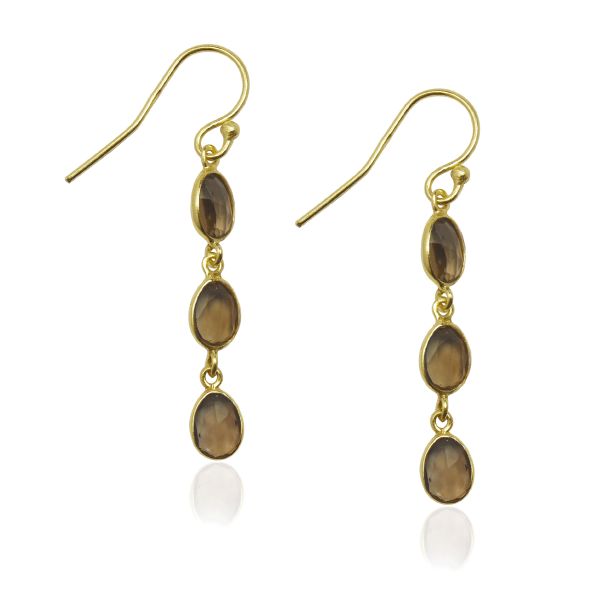 Goldplated oorhangers met ovale gefacetteerde edelstenen - 925 zilver verguld - 45 x 7 mm · Rookkwarts · productfoto · steen:rookkwarts