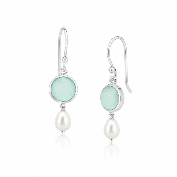 Zilveren oorhangers met ronde edelstenen en parel - 925 zilver - 8 mm · Chalcedoon & Parel · productfoto · steen:chalcedoon-parel