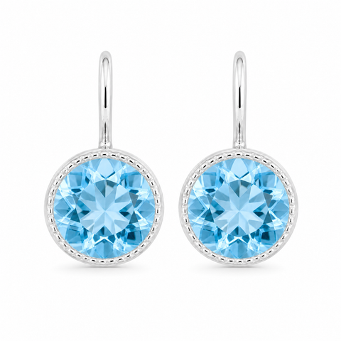 Zilveren oorhangers met rond gefacetteerd in kap gezette edelsteen - 925 zilver - 10 mm · Blauwe Topaas