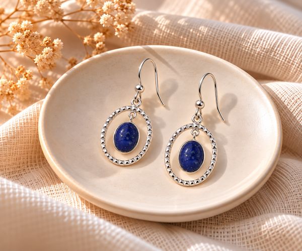 Zilveren oorhangers met ovale edelsteen in open zilveren ovaal - 925 zilver · Lapis Lazuli · sfeerbeeld · steen:lapis-lazuli