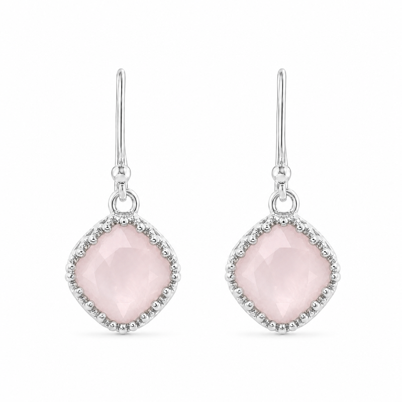 Zilveren oorhangers met Regenboog Maansteen edelstenen · Rozenkwarts · studiofoto · steen:rozenkwarts