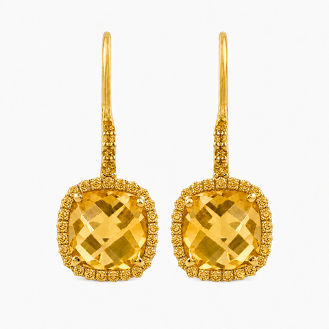 Zilveren oorhangers met kussen geslepen klauwgezet en rond gefacetteerde edelsteen - 925 zilver - 8 mm · Citrien
