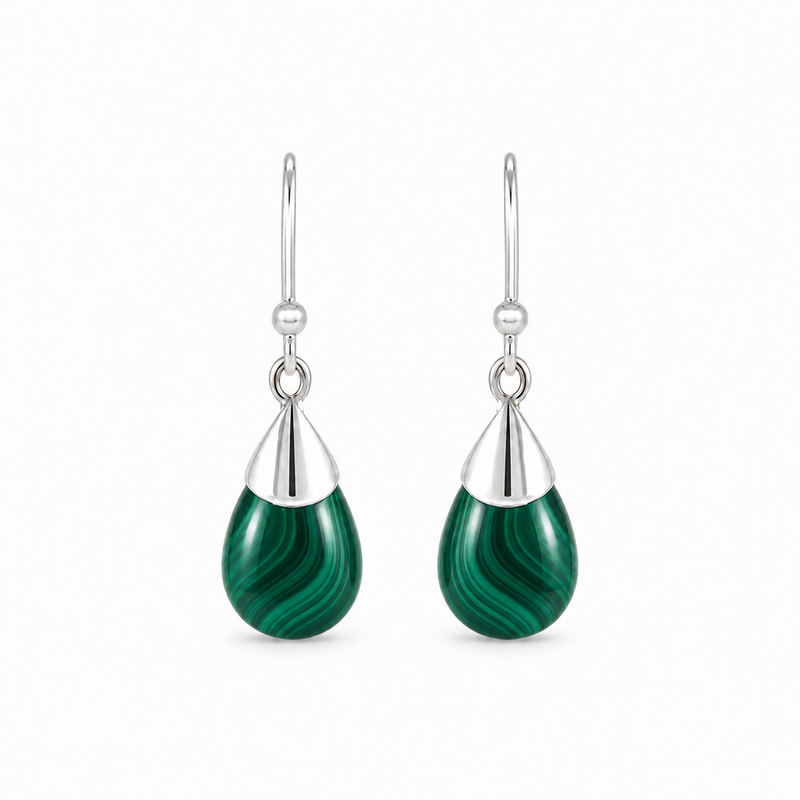 Zilveren oorhangers met druppelvormige in kap gezette edelsteen - 925 zilver - 30 x 10 mm · Malachiet · productfoto · steen:malachiet
