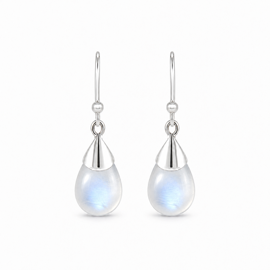 Zilveren oorhangers met druppelvormige in kap gezette edelsteen - 925 zilver - 30 x 10 mm · Regenboog Maansteen · productfoto · steen:regenboog-maansteen
