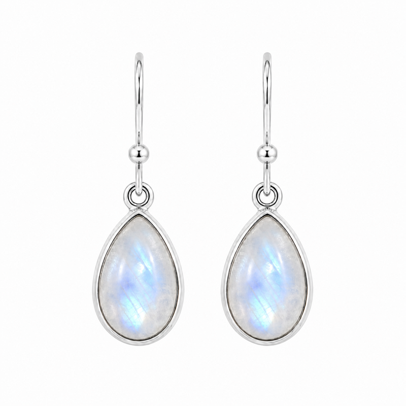 Zilveren oorhanger met druppelvormige edelsteen - 925 zilver - 28 x 9 mm · Regenboog Maansteen · productfoto · steen:regenboog-maansteen