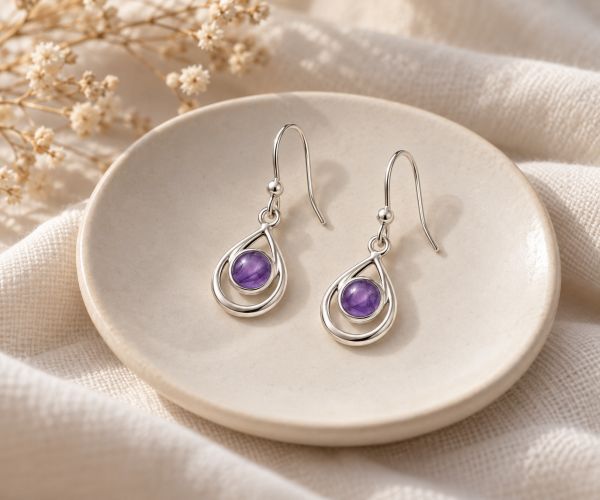 Zilveren oorhangers met ronde edelsteen in open druppel - 925 zilver · Amethist · sfeerbeeld · steen:amethist