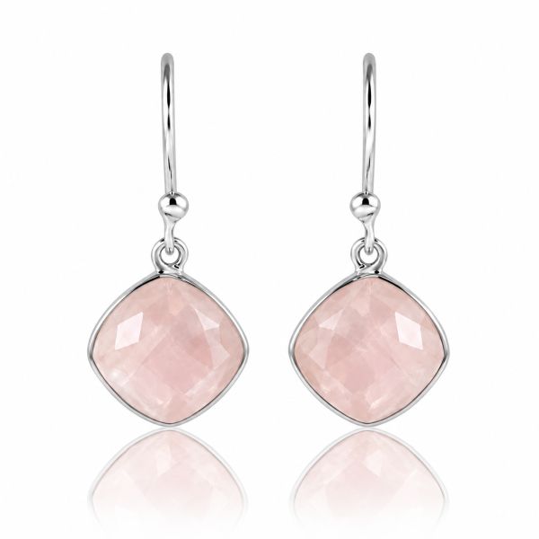 Zilveren oorhangers met kussen geslepen gefacetteerde edelsteen - 925 zilver · Rozenkwarts · productfoto · steen:rozenkwarts