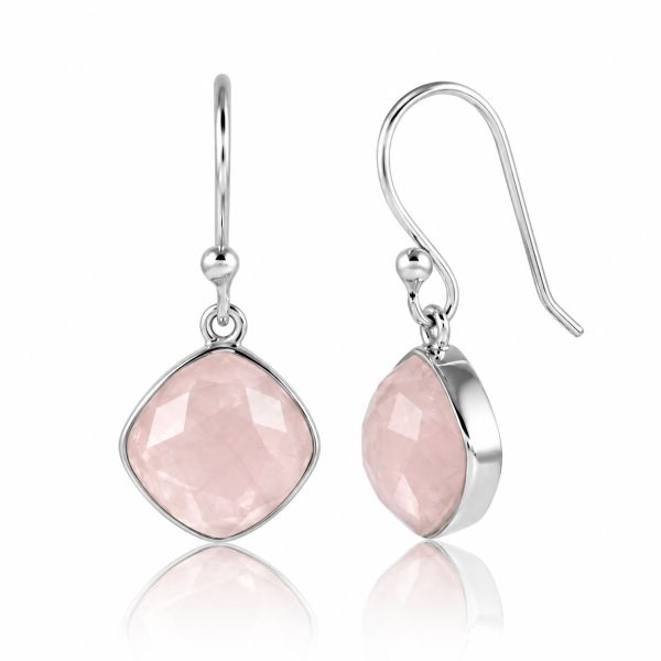 Zilveren oorhangers met kussen geslepen gefacetteerde edelsteen - 925 zilver · Rozenkwarts · productfoto · steen:rozenkwarts