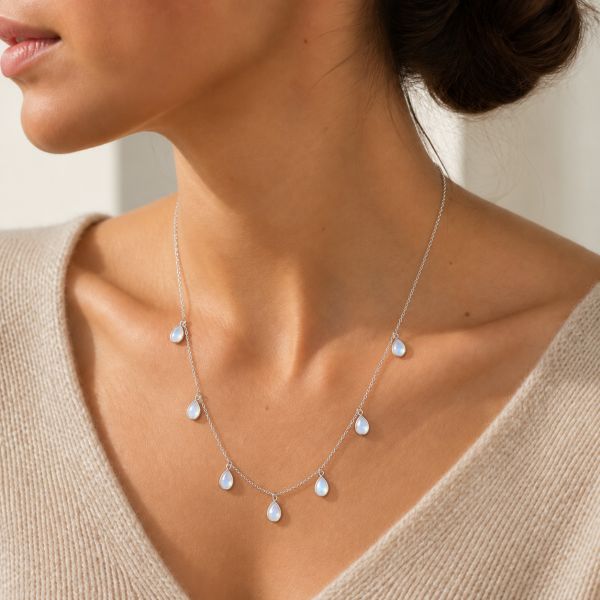 Zilveren collier met druppelvormig edelstenen - 925 zilver - 40 cm