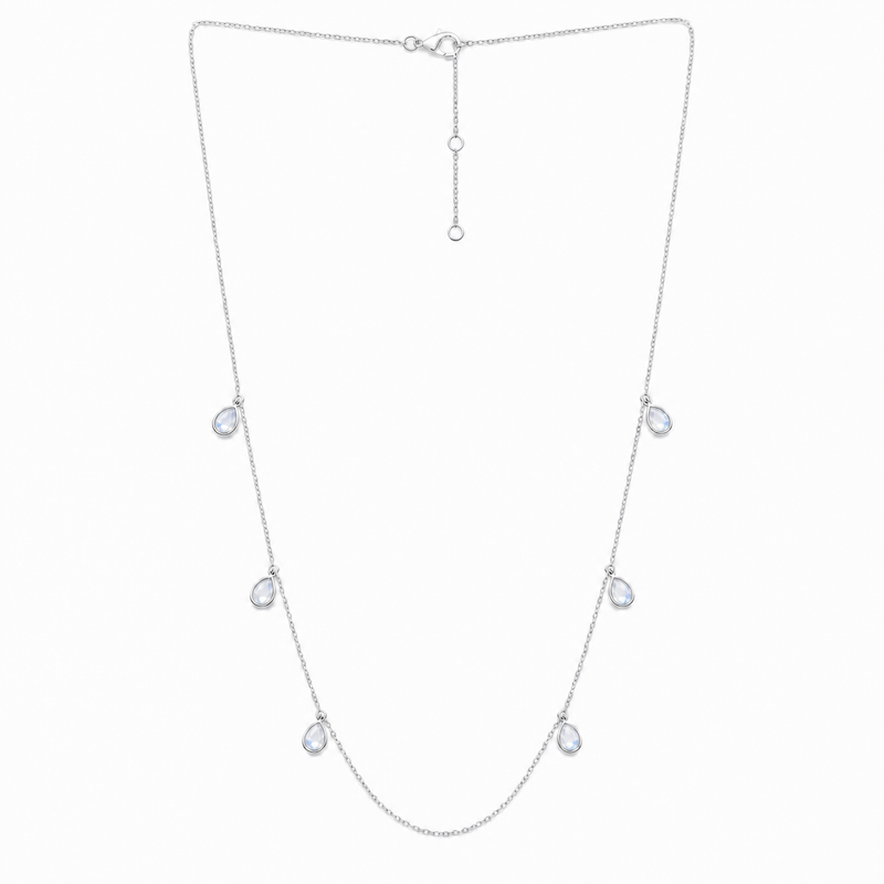 Zilveren collier met druppelvormig hangende edelsteen - 925 zilver - 40 cm · Regenboog Maansteen · productfoto · steen:regenboog-maansteen