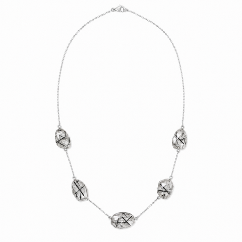Zilveren collier met vrijvormig in kap gezette edelsteen, gefacetteerd - 925 zilver - 49 cm · Toermalijnkwarts