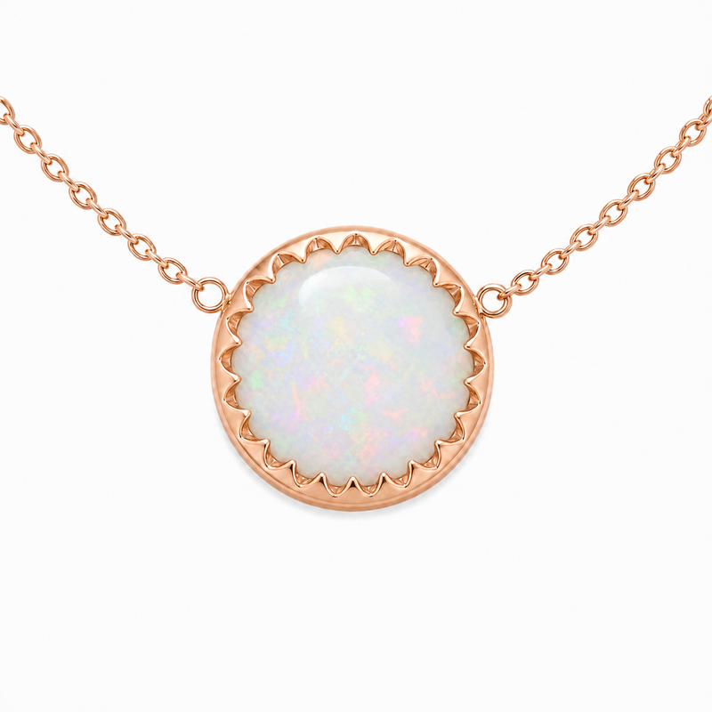 Zilveren collier met rond in geschulpte zetting gezette edelsteen - 925 zilver - 10 mm · Opaal · productfoto · steen:opaal