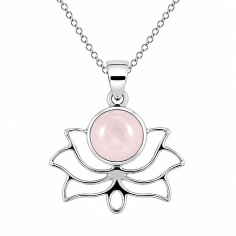 Zilveren lotus hanger met rond geslepen edelsteen - 925 zilver - 10 mm · Rozenkwarts