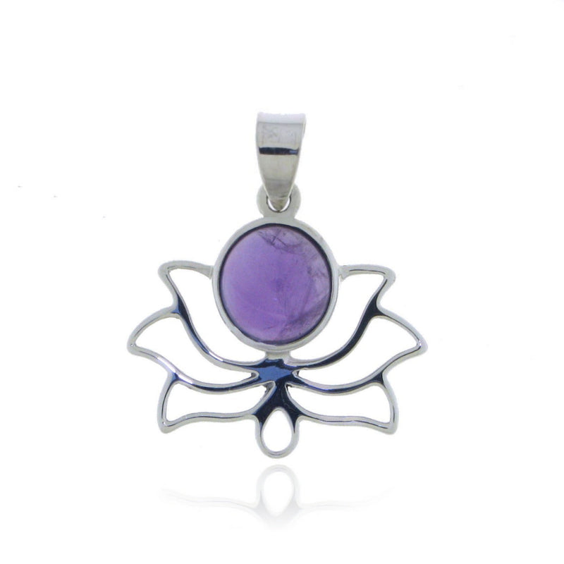 Zilveren lotus hanger met rond geslepen gladde edelsteen - 925 zilver - 24 x 20 mm