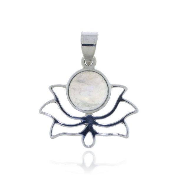 Zilveren lotus hanger met rond geslepen gladde edelsteen - 925 zilver - 24 x 20 mm