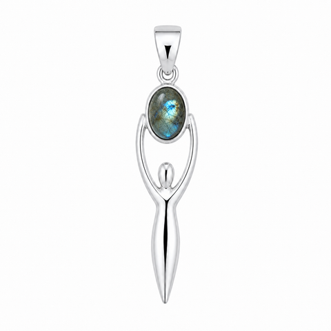 Zilveren Godin van de Aarde, Gaia hanger met ovale edelsteen - 925 zilver - 45 x 10 mm · Labradoriet