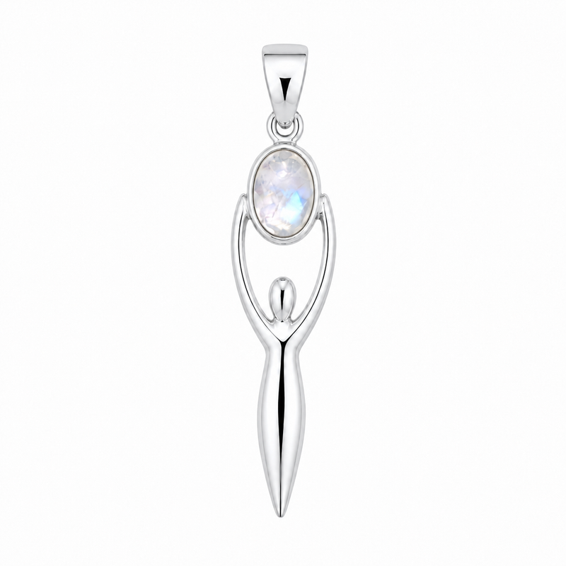 Zilveren Godin van de Aarde, Gaia hanger met ovale edelsteen - 925 zilver - 45 x 10 mm · Regenboog Maansteen · productfoto · steen:regenboog-maansteen