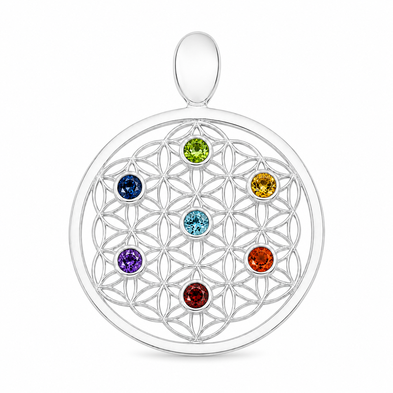 Zilveren Flower of Life hanger met diverse edelsteen - 925 zilver - 40 x 32 mm · None · detail · steen:None