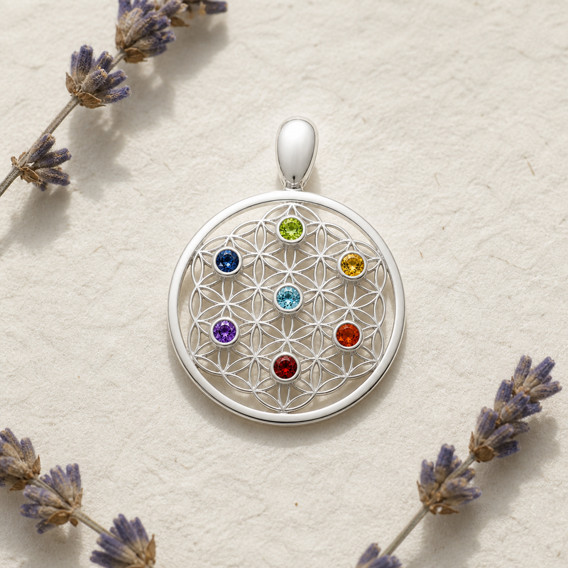 Zilveren Flower of Life hanger met diverse edelsteen - 925 zilver - 40 x 32 mm · None · sfeerbeeld · steen:None