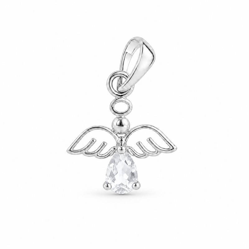 Zilveren engel hanger met druppelvormige edelsteen, gefacetteerd - 925 zilver - 14 x 12 mm · Bergkristal · detail · steen:bergkristal