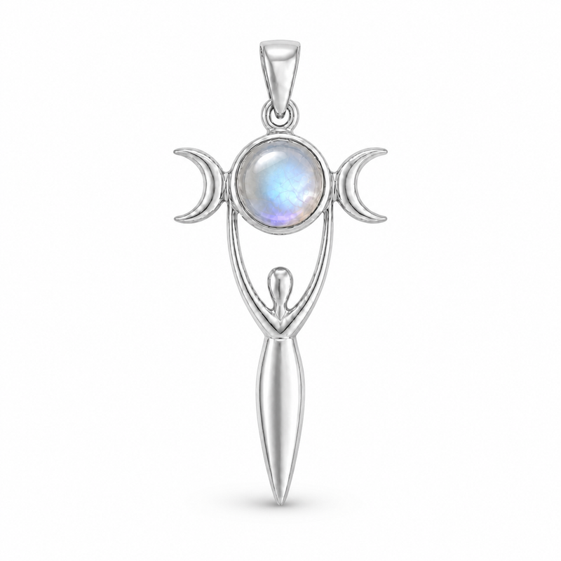 Zilveren Godin van de Aarde, Gaia hanger met edelsteen - 925 zilver - 52 x 22 mm · Regenboog Maansteen · detail · steen:regenboog-maansteen