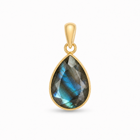 Geel goud vegulde hanger met facet geslepen edelsteen - goldplated zilver - 14 x 10 mm · Labradoriet
