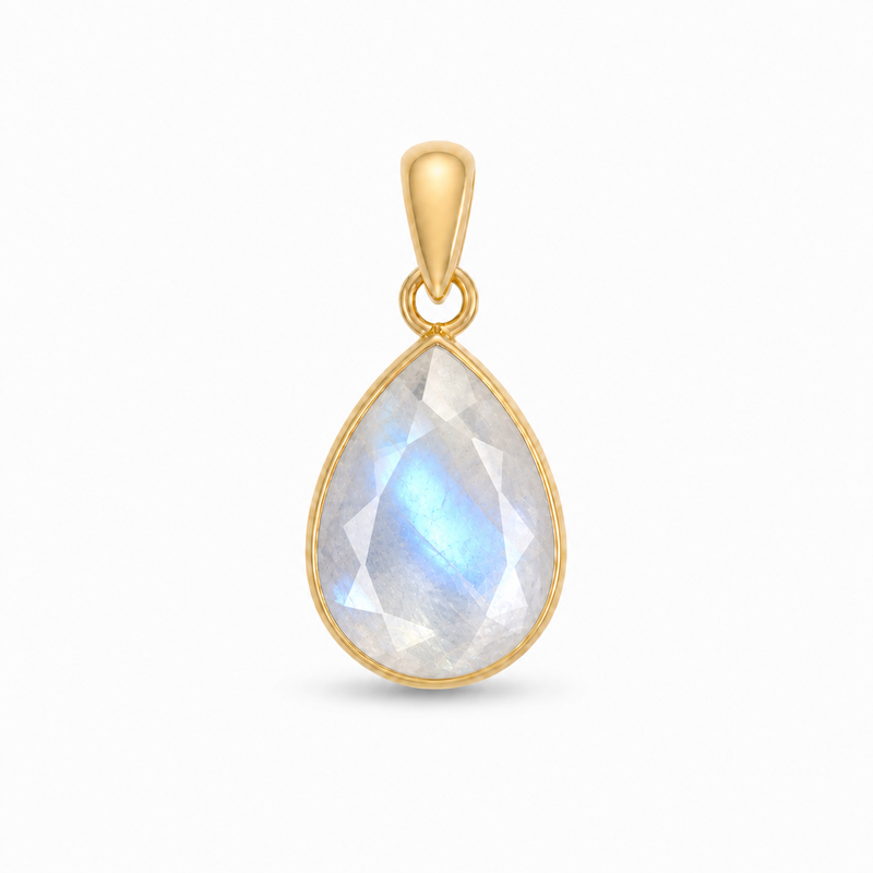 Geel goud vegulde hanger met facet geslepen edelsteen - goldplated zilver - 14 x 10 mm · Regenboog Maansteen · productfoto · steen:regenboog-maansteen