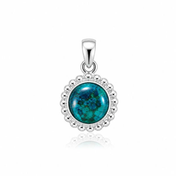 Zilveren hanger met balletjes zetting rondom de edelsteen - 925 zilver - 6 mm · Chrysocolla · productfoto · steen:chrysocolla