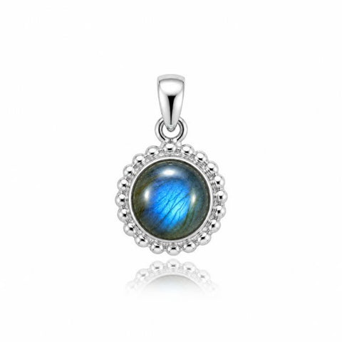 Zilveren hanger met balletjes zetting rondom de edelsteen - 925 zilver - 6 mm · Labradoriet