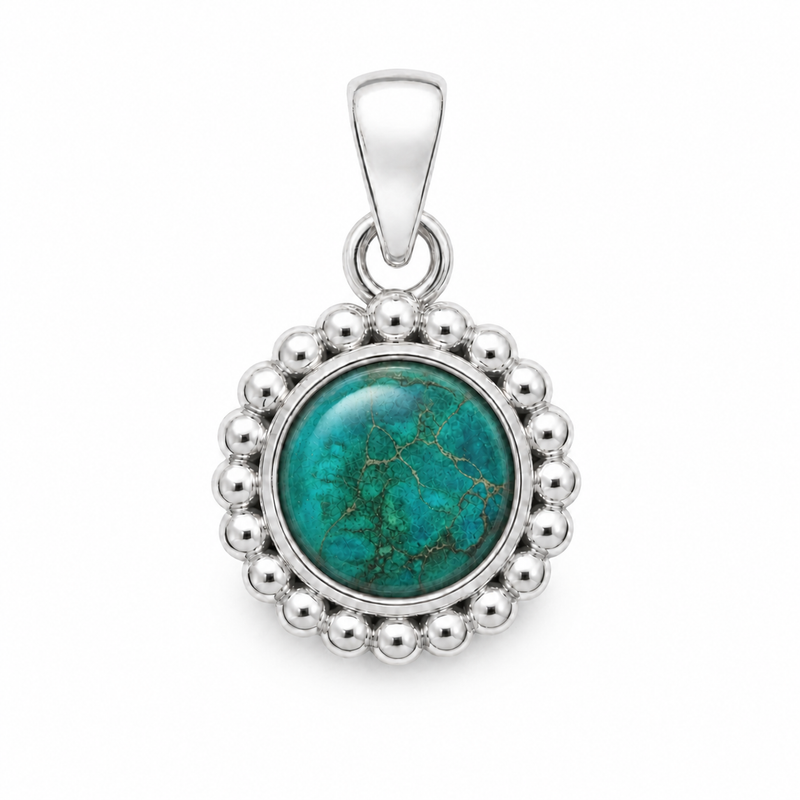 Zilveren hanger met balletjes zetting rondom de edelsteen - 925 zilver - 6 mm · Chrysocolla · detail · steen:chrysocolla